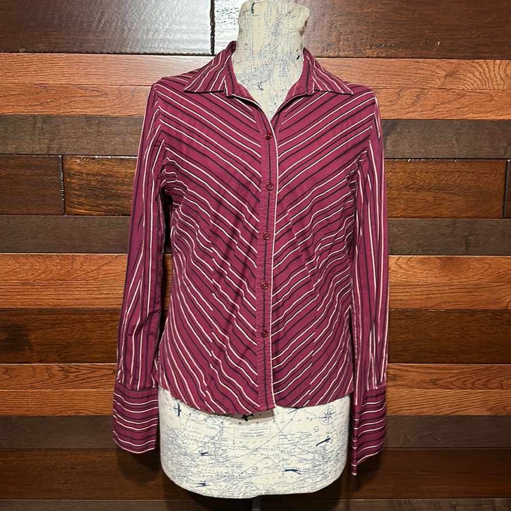 Croft & Barrow Collared Long Sleeve Maroon Striped Button Down Blouse
